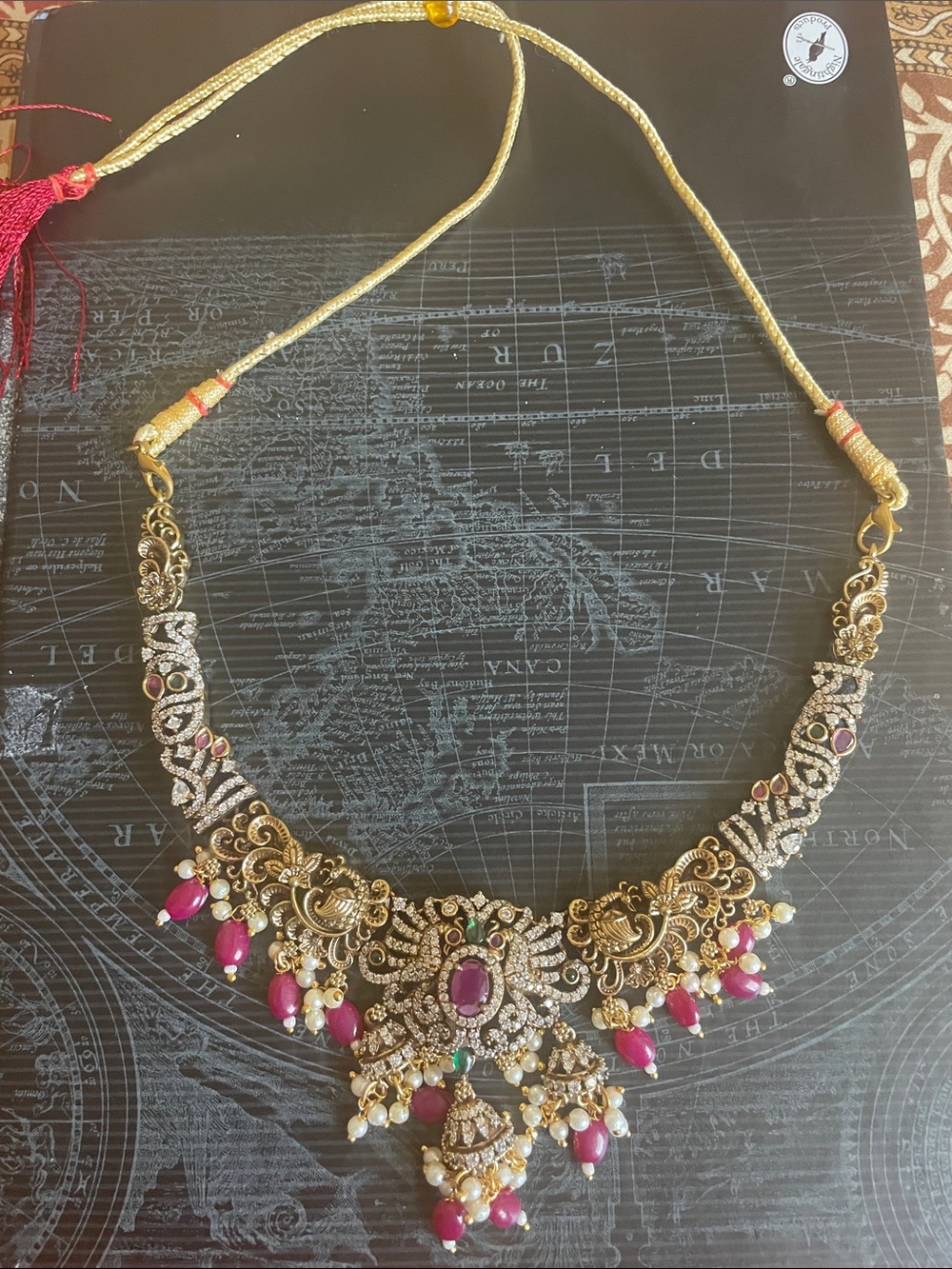 Gold-Tone Women's Necklace with Pink Gem Accents